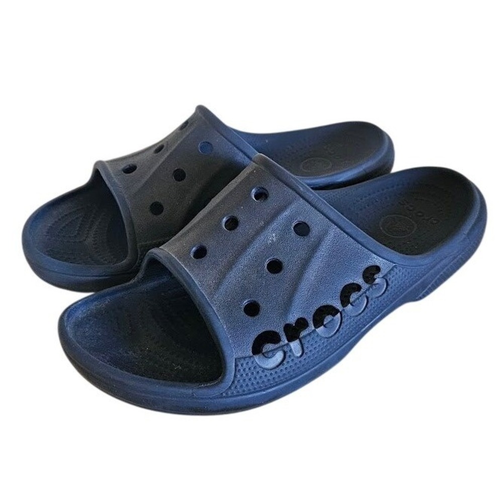 Crocs Baya Slide Mens 10 Womens 12 Comfort Sandals Navy Blue Logo Shoes